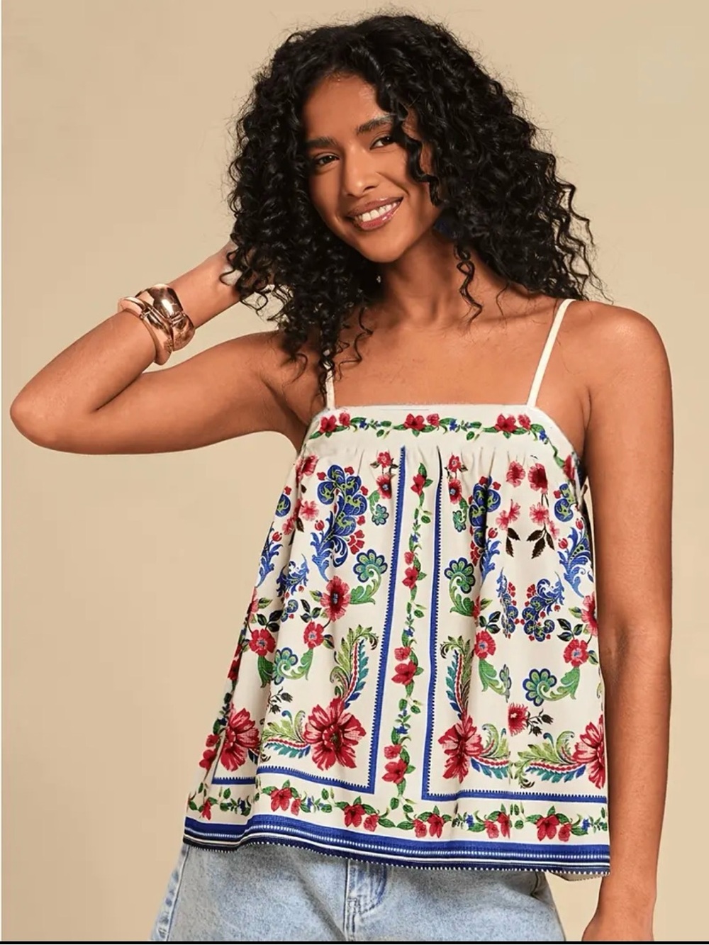 Floral Border Print Spaghetti Strap Top - White